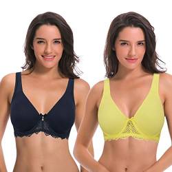 Curve Muse Damen Ungefüttert Bügel Spitze BH mit Gepolstert Schulter Gurte - 2er Pack-Marine, Hellgelb-95G-V2 von Curve Muse