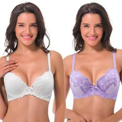 Curve Muse Leicht wattierter Bügel-BH für Damen in großen Größen mit bestickter Spitze - 2er Pack-Lavendel,Weiß-100D von Curve Muse