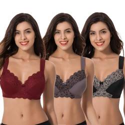 Curve Muse Übergröße Ungefüttert Minimizer Drahtloser BH mit Stickspitze-3er Pack-Burgund,Schwarz,Grau-105G von Curve Muse