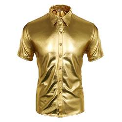 Cusfull Herren Hemd Metallic Glänzend Kurzarmshirt Glitzer Schlank Fit Kostüm für Nightclub Party Tanzen Disco Halloween Cosplay (L, Gold) von Cusfull