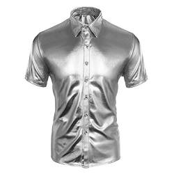 Cusfull Herren Hemd Metallic Glänzend Kurzarmshirt Glitzer Schlank Fit Kostüm für Nightclub Party Tanzen Disco Halloween Cosplay (XXL, Silber) von Cusfull