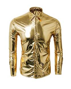 Cusfull Herren Hemd Metallic Glänzend Langarmshirt Glitzer Schlank Fit Kostüm für Nightclub Party Tanzen Disco Halloween Cosplay(Gold, L) von Cusfull