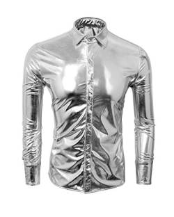 Cusfull Herren Hemd Metallic Glänzend Langarmshirt Glitzer Schlank Fit Kostüm für Nightclub Party Tanzen Disco Halloween Cosplay (Silber) (L) von Cusfull