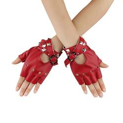 Cusfull Punk Handschuhe Armband mit Nieten Halbfinger aus Kunstleder Kostüm Zubehör Rock Gothic Stil (Rot) von Cusfull