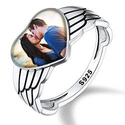 Custom4U 925 Silber Herren Damen Fingerring Personalisierter Foto Ring Herz Flügel Siegelring Punk Männer Jungen Bandring mit Bildgravur für Ehering Verlobungsring Freundschaftsring von Custom4U