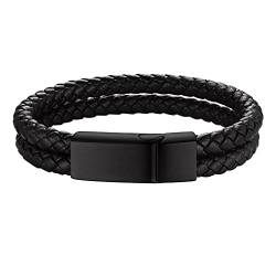 Custom4U Armband für Herren Männer Junge Premium Männer Lederarmband Geflochtene Armbänder Wickelarmbänder mit Magnetverschluss aus Edelstahl in Schwarz Länge 19cm von Custom4U