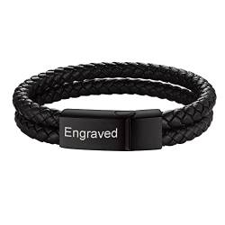 Custom4U Armband für Herren Männer mit Eigenem Namen Gravur Junge Premium Männer Lederarmband Geflochtene Armbänder Wickelarmbänder mit Magnetverschluss aus Edelstahl in Schwarz Länge 19cm von Custom4U