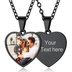 Custom4U Individuelle Photo Anhänger Halskette mit Fotogravur und Textgravur für Damen Herren Edelstahl Foto Bilder Amulett Halskette mit Wunsch-Motiven in Schwarz mit 50cm+5cm Kette für Memorial von Custom4U