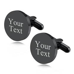 Custom4U Personalisierte 2x Manschettenknöpfe mit Namegravur für Herren Männer Edelstahl 1 Paar Runde Cufflinks Edle Manschettenknöpfe Accessoires in Schwarz von Custom4U