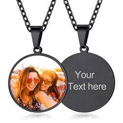 Custom4U Personalisierte Runde Foto Anhänger Halskette mit Bildgravur und Textgravur Edelstahl Memorial Foto Text Denkmal Anhänger Halskette mit Wunsch-Motiven in Schwarz mit 50cm+5cm Kette von Custom4U