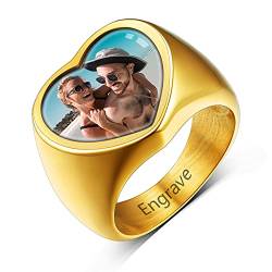 Custom4U Personalisierter Herren Damen Fingerring mit Bildgravur 18K Vergoldet Herz Männer Frauen Foto Siegelring Verlobungsring Ehering Trauring für Memorial Geschenk von Custom4U