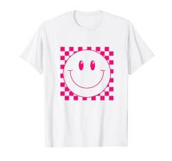 70er Jahre rosa kariertes Lächeln Gesicht niedlich Happy Peace lächelndes Gesicht T-Shirt von Cute 80s Smile Happy Tee