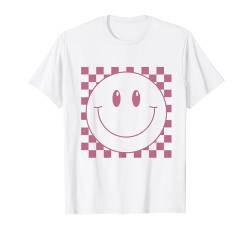 70er Jahre rosa kariertes Lächeln Gesicht niedlich Happy Peace lächelndes Gesicht T-Shirt von Cute 80s Smile Happy Tee