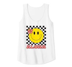 Damen Aloha Kariertes Hibiscus Smile Face Shirt Süßes Happy Face Tank Top von Cute 80s Smile Happy Tee