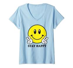 Damen Gelbes Happy Face Positives Zitat Cool Peace Hand Smile Face T-Shirt mit V-Ausschnitt von Cute 80s Smile Happy Tee