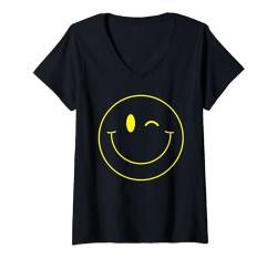 Winking Yellow Happy Smiling Smile Face Shirt Herren Damen Kinder T-Shirt mit V-Ausschnitt von Cute 80s Smile Happy Tee