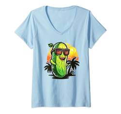 Damen Ästhetische Gurke mit Sonnenbrille I Gurke T-Shirt mit V-Ausschnitt von Cute Cucumber Art I Pickle I Kids Cucumber