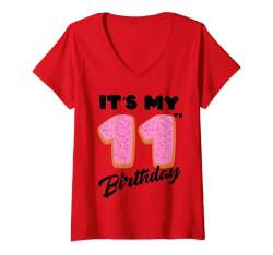 Damen Lustiger süßer Donut It's My 11th Birthday 11 Yr Old Gift Girls T-Shirt mit V-Ausschnitt von Cute Doughnut B-day Themed Party Celebration Kids