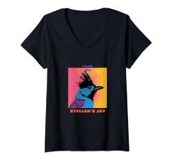 Damen Steller's Jay im Pop-Art-Stil Malerei für seine Liebhaber Geschenke T-Shirt mit V-Ausschnitt von Cute Funny Novelty Gifts