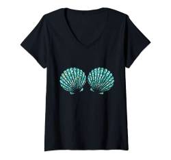 Damen Grüner Türkis Nettes Muschel Meerjungfrau BH Kostüm T-Shirt mit V-Ausschnitt von Cute Mermaid Shell Bra By Giggi