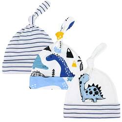 CuteOn 3 Pack Baby Beanie Knoten Hut Neugeboren Jungen Mädchen Baumwolle Einstellbar Kappe zum Baby 0-6 Monate (Neuer Blauer Dinosaurier) von CuteOn