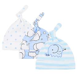 CuteOn 3 Pack Baby Beanie Knoten Hut Neugeboren Jungen Mädchen Baumwolle Einstellbar Kappe zum Baby 0-6 Monate 34 Hellblauer Elefant von CuteOn