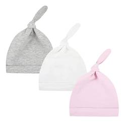 CuteOn 3 Pack Baby Beanie Knoten Hut Neugeboren Jungen Mädchen Baumwolle Einstellbar Kappe zum Baby 0-6 Monate 60 Puderweiße Asche von CuteOn