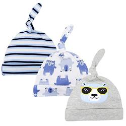 CuteOn 3 Pack Baby Beanie Knoten Hut Neugeboren Jungen Mädchen Baumwolle Einstellbar Kappe zum Baby 0-6 Monate 71 Grauer Brillenbär von CuteOn