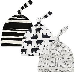 CuteOn 3 Pack Baby Beanie Knoten Hut Neugeboren Jungen Mädchen Baumwolle Einstellbar Kappe zum Baby 0-6 Monate 88 Grauer Bär von CuteOn