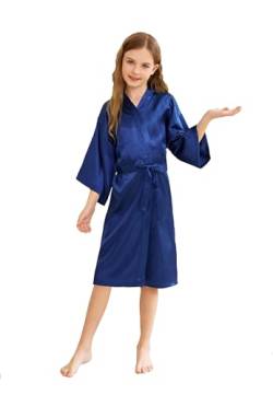 CuteOn Kinder Kids Satin Seide Kimono Robe Bademantel Morgenmantel Nachtwäsche für Spa Hochzeit Geburtstagsparty Kleid Dunkelblau Größe 10 - (Höhe 115-130cm) von CuteOn