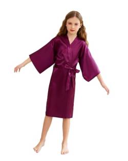 CuteOn Kinder Kids Satin Seide Kimono Robe Bademantel Morgenmantel Nachtwäsche für Spa Hochzeit Geburtstagsparty Kleid Dunkelviolett Größe 14 - (Höhe 145-160cm) von CuteOn