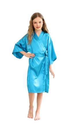 CuteOn Kinder Kids Satin Seide Kimono Robe Bademantel Morgenmantel Nachtwäsche für Spa Hochzeit Geburtstagsparty Kleid Pfauenblau Größe 8 - (Höhe 100-115cm) von CuteOn