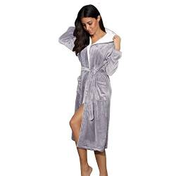 Damen Bademantel Plüsch Fleece Kapuzenmantel Weiche Nachtwäsche Loungewear Kimono Bademantel für Damen, Graue und weiße Kapuze, L Große Größen Tall von CuteSwan