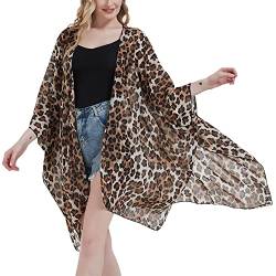 Damen Kimono Cardigan aus Chiffon, Blumendruck, locker, lässig, lang, Boho, durchscheinend, #Brauner Leopard, One size von CuteSwan