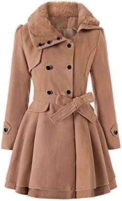 Winter Mantel für Damen Lang Wollmantel Damen Warm Wolle Erbsenmantel Trenchcoat mit Gürtel und Zweireiher Revers Fleecejacke gefütterte Winterjacke Übergangsjacke Wintermantel (A-Khaki,3XL) von Cuteboom