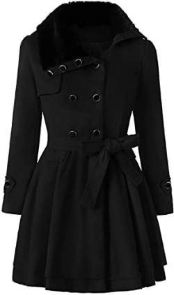 Winter Mantel für Damen Lang Wollmantel Damen Warm Wolle Erbsenmantel Trenchcoat mit Gürtel und Zweireiher Revers Fleecejacke gefütterte Winterjacke Übergangsjacke Wintermantel (A-Schwarz,3XL) von Cuteboom