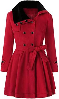 Winter Mantel für Damen Lang Wollmantel Damen Warm Wolle Erbsenmantel Trenchcoat mit Gürtel und Zweireiher Revers Fleecejacke gefütterte Winterjacke Übergangsjacke Wintermantel (A-rot,3XL) von Cuteboom