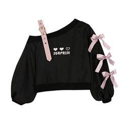 Schulterfreie Sweatshirts für Teenager, Mädchen, Lolita Kawaii, besticktes Herz, Grafik, Schnürung, bauchfreies Top, lässiger Pullover.., Weiss/opulenter Garten, S von Cuteighteen