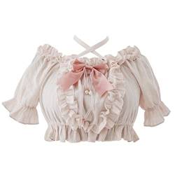 Sweet Lolita Puff Kurzarm Bluse Teenager Mädchen Japanische Gothic Rüschen Neckholder Weich Crop Top mit Schleife, Pink, M von Cuteighteen