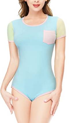 CutiePlusU Baumwoll-Bodysuit mit Knöpfen im Schritt Erwachsene Strampler Onesie Schlafanzug Spleißer Style Blau M von CutiePlusU