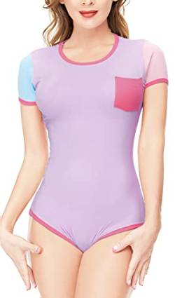 CutiePlusU Baumwoll-Bodysuit mit Knöpfen im Schritt Erwachsene Strampler Onesie Schlafanzug Spleißer Style Lila XXXL von CutiePlusU