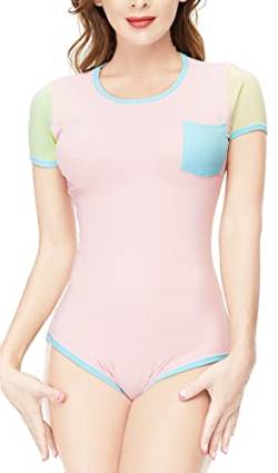 CutiePlusU Baumwoll-Bodysuit mit Knöpfen im Schritt Erwachsene Strampler Onesie Schlafanzug Spleißer Style Pink M von CutiePlusU