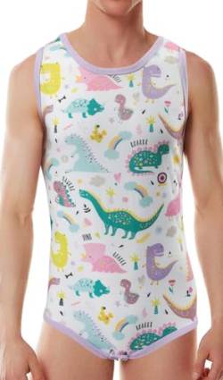 CutiePlusU Baumwolle Knopf im Schritt Bodysuits Erwachsene Strampler ärmellos Onesie für Männer drucken -Dinosaurier drucken lila 2XL von CutiePlusU