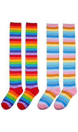 CutiePlusU Baumwolle bunte Regenbogen gestreifte Socken über Knie Clown gestreifte Oberschenkel hohe Strümpfe einzigartige nachdenklich Geschenke von CutiePlusU