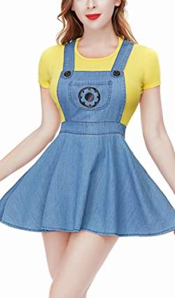 CutiePlusU Button Crotch Onesie Erwachsene Strampler Bodysuit Kostüm- Despicable Denim Overalls Skirt Set Gelb 2XL von CutiePlusU