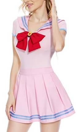 CutiePlusU Knopf im Schritt Onesie Erwachsene Baumwolle Strampler Bodysuit Cosplay Magical Sailor Kostüme Rock Set HimmelblauesRosa 2XL von CutiePlusU