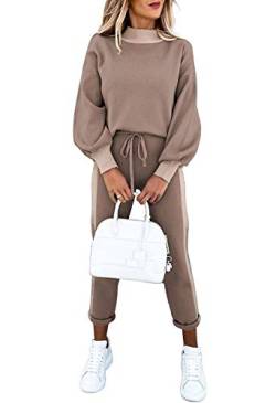 Cutiefox Damen 2 Stück Sweatsuit Outfits Laternenärmel Pullover Tops und Hohe Taille Jogger Pants Lounge Sets, Kaffee-Khaki, Small von Cutiefox