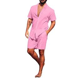 Cuwtheugwg Anzug Herren Cord Männer Stehkragen Kurzarm Solide Lässige Mode Sporthemd Shorts Anzug Design Anzug (Pink, XXL) von Cuwtheugwg