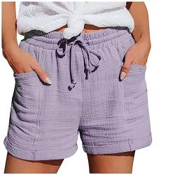 Cvanxluy Kurze Shorts Damen Sommer Locker: Mode Baumwolle Musselin Hose mit Hoher Taille Gerades Bein Sport Lässige Shorts mit Kordelzug und Taschen Gummiband Freizeit Shorts Elastische Stoffhose von Cvanxluy