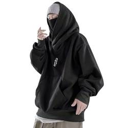 Cvanxluy Ninja Hoodie Herren 5XL Japan Harajuku Style Dicker Double Neckline Hoody Y2k Warm Oversize Fleece Kapuzenpullover Streetwear Gefüttert Hip Hop Techwear Mit Kapuze Rollkragenpullover von Cvanxluy